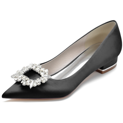 Black Jewelled Buckle Flats Satin Pointed Toe Shoes