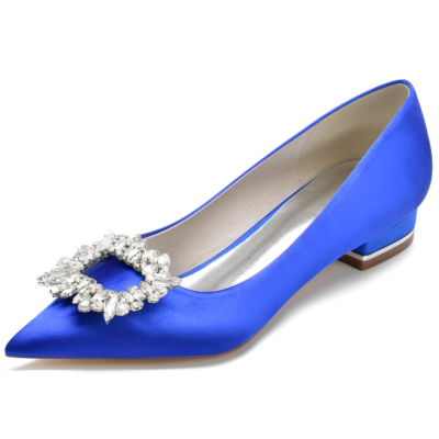 Royal Blue Jewelled Buckle Flats Satin Pointed Toe Shoes