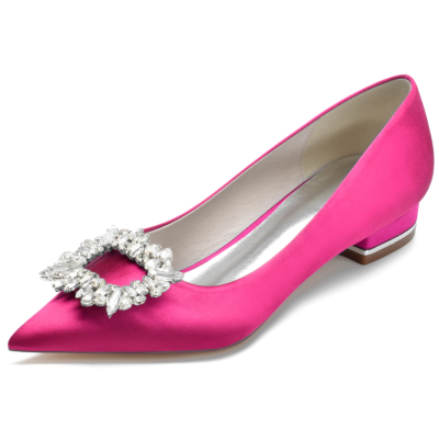 Magenta Jewelled Buckle Flats Satin Pointed Toe Shoes