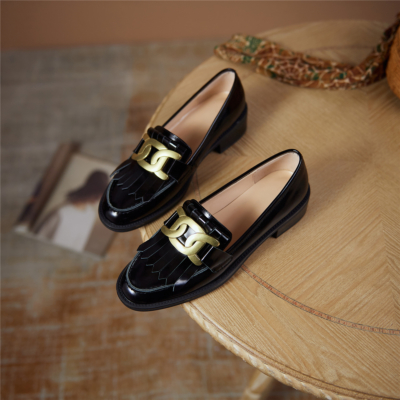  Black Gold Buckle Loafers Wooden Heel Women's Leather 2022 Spring Shoes