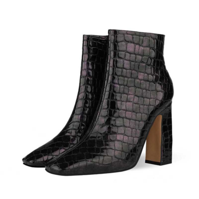 Black Aligator Printed Square Toe Block Heel Dress Ankle Boots