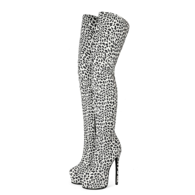 White Leopard-printed Platform Stietto Heel Over The Knee Boots