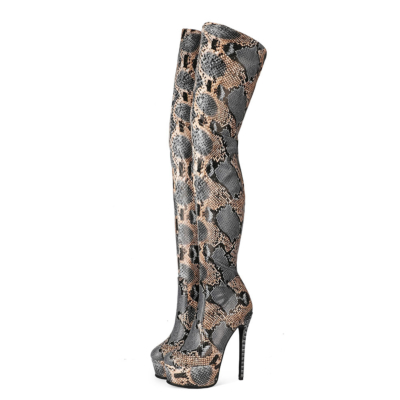 Grey Python-printed Platform Stietto Heel Over The Knee Boots