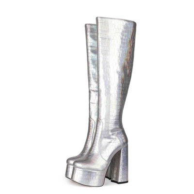 Silver Metallic Croc-Print Platform Tall Boots Knee High Boots