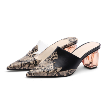 Transparant&Snake-printed Pointed Toe Mules Clear Block Low Heel Shoes