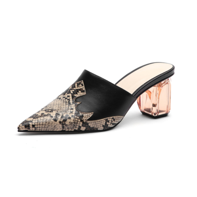 Black Snake Prints Pointed Toe Mules Clear Block Low Heel Shoes