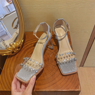 Silver Ankle Strap Sequined Sandals Crystals Transparent Heel Wedding Sandals