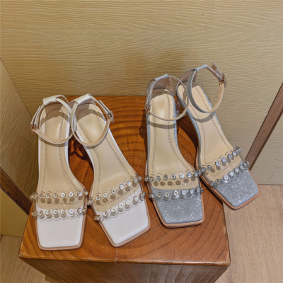 Ankle Strap Sequined Sandals Crystals Transparent Heel Wedding Sandals