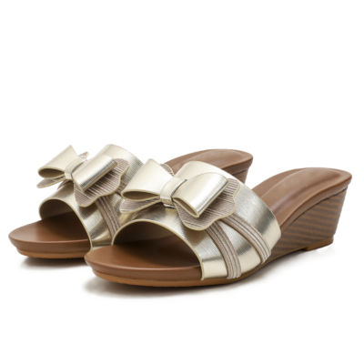 Golden Beach Metallic Bowknot Comfort Slide Wedge Sandals