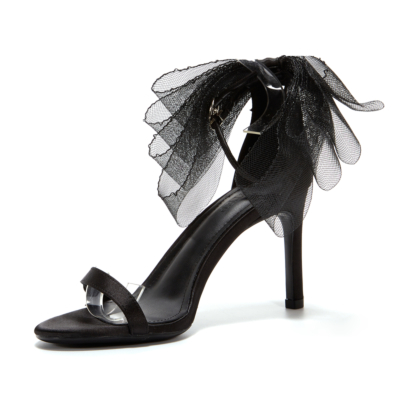 Black Big Bow Heels Ankle Strap Sandals Bridal Stiletto Shoes