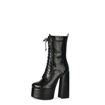 Black Crocodile Print Chunky Heel Booties Lace Up Platform Ankle Boots with Zipper
