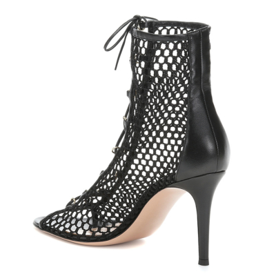 Black Lace Up Mesh Open Toe Party Boots Sandals High Heels