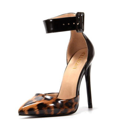 Black Leopard Print D'orsay Pumps Stiletto Dresses Heels with Ankle Strap