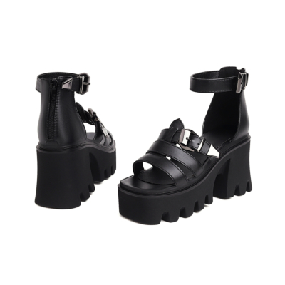 Black Open Toe Chunky Platform High Heeled Sandals Strappy Buckle Shoes