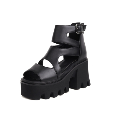 Black Peep Toe Chunky Platform Heeled Sandals PU Cut Out Goth Platform Shoes