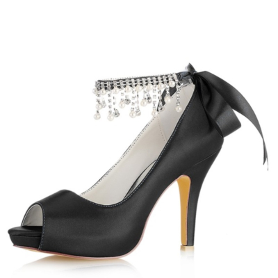 Black Satin Peep Toe Wedding Shoes  Ankle Strap Stiletto Heel Platform Pumps