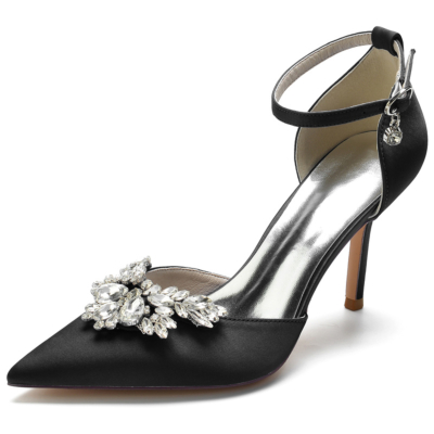 Black Satin Pointed Toe Ankle Strap Rhinestone Stiletto Heel Wedding Pumps