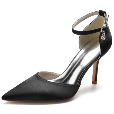 Black Satin Pointed Toe Ankle Strap  Stiletto Heel Wedding Pumps