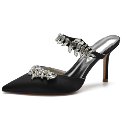 Black Satin Wedding Shoes Pointed Toe Stiletto Heel Rhinestone Mules 