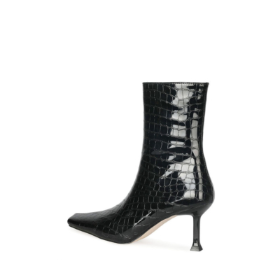 Black Snake Print Spool Heel Ankle Boots Patent Leather Sexy Boots with Square Toe