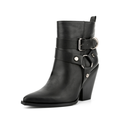 Black Square Toe Ankle Boot Chunky Heel Women Dress Boots with Buckle
