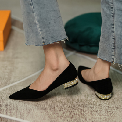 Black Suede Almond Toe Flats with Pearls Decor