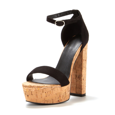 Black Suede Wooden Platform Sandals Heels Ankle Strap Sandal Chunky Heels