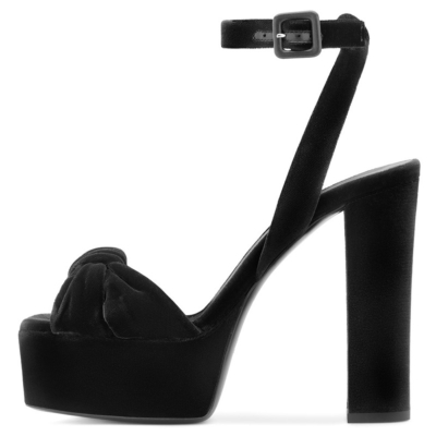 Black Velvet Knotted High Block Heels Platform Sandals Ankle Strap Wedding Shoes