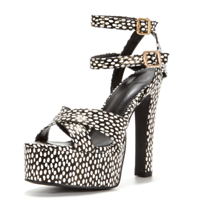 Black&White Polka Dot Chunky Heel Platform Sandals Double Strap Dress High Heels
