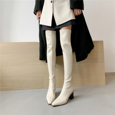 White Block Heel Thigh High Boots PU Square Toe Over The Knee Boots