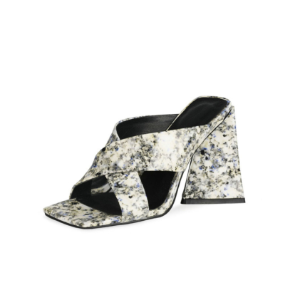 White and Black Block High Heel Cross Strap Slide Sandal Marble Print Square Toe Mules Shoes