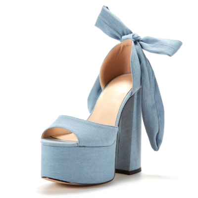 Blue Chunky Heel Platform Sandals Denim Jeans Lace-Up Sandals Shoes