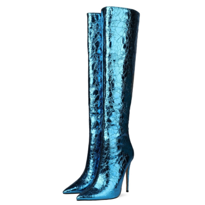 Blue Mirror Boots Over-the-knee High Heel Boots with Back Zipper