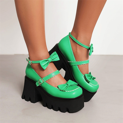 Green Bow Platform Mary Jane Shoes Chunky Heels Three Strap Buckle Pumps