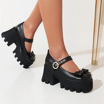 Bow Platform Mary Janes Chunky Heel Square Toe Pearl Buckle Gothic Pump