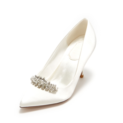 White Bridesmaid Crystal Embelishment Satin Pointy Toe Heeled Wedding Shoes