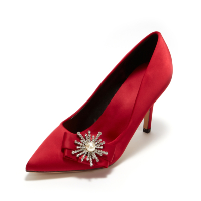 Red Bridal Crystal Pearl Embelishment Satin Pointy Toe Heeled Pump Shoes