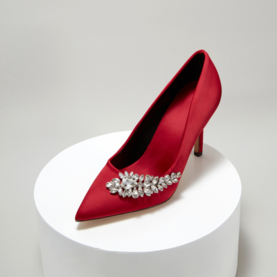 Red Wedding Crystal Embellished Pointy Toe Stiletto Heels Satin Pumps Shoes for Women