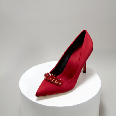 Red Bridesmaid Crystal Embelishment Satin Pointy Toe Heeled Wedding Shoes
