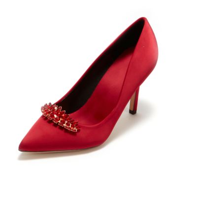 Red Bridesmaid Crystal Embelishment Satin Pointy Toe Heeled Wedding Shoes