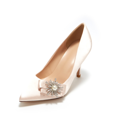 Champagne Bridal Rhinestone Pearl Embellished Stiletto Pumps Satin Pointy Toe Wedding Shoes