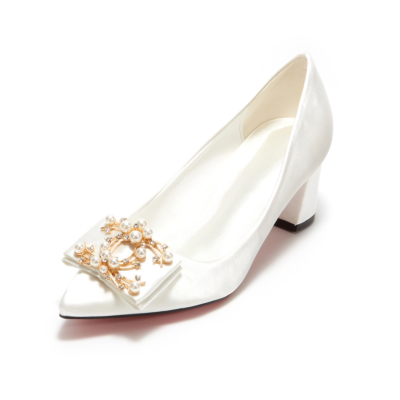White Satin Bridal Pearl Crystals Low Block Heel Closed Toe Wedding Shoes