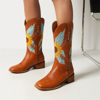 Brown Knee High Cowboy Boots Wide Calf Flower Embroidery Western Booties