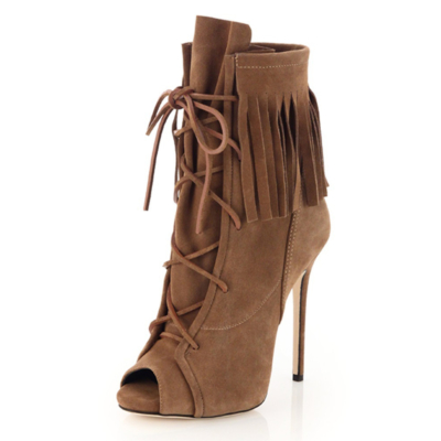Brown Peep Toe Fringes Lace Up Ankle Boots Sandals Stiletto Heels