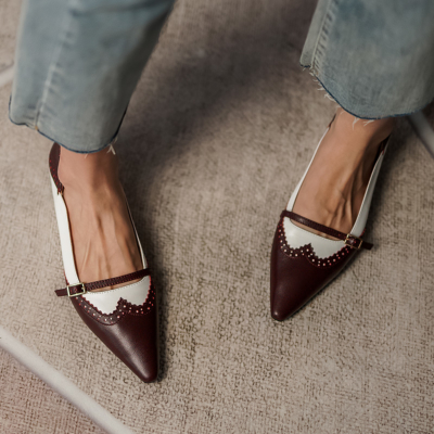 Burgundy Genuine Leather Pointed Toe Wingtip Mary Jane Flats