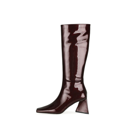 Burgundy Mirror Square Toe Knee High Boots Block Heel Long Boots For Fall