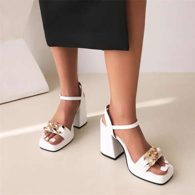 White Chain Embellished Ankle Strap Platform Sandals Chunky High Heels