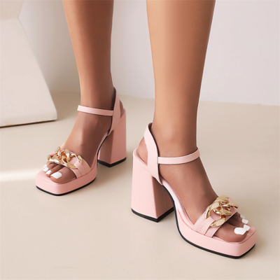 Pink Chain Embellished Ankle Strap Platform Sandals Chunky High Heels