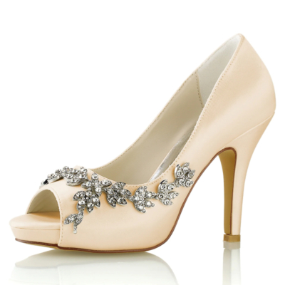 Champagne Satin Peep Toe Wedding Shoes Rhinestone Flowers Stiletto Heel Platform Pumps