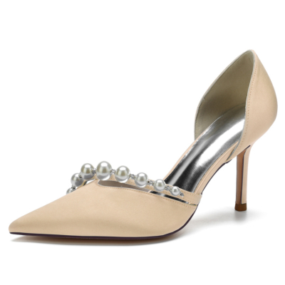 Champagne Satin Pointed Toe Pearl Stiletto Heel Wedding Pumps